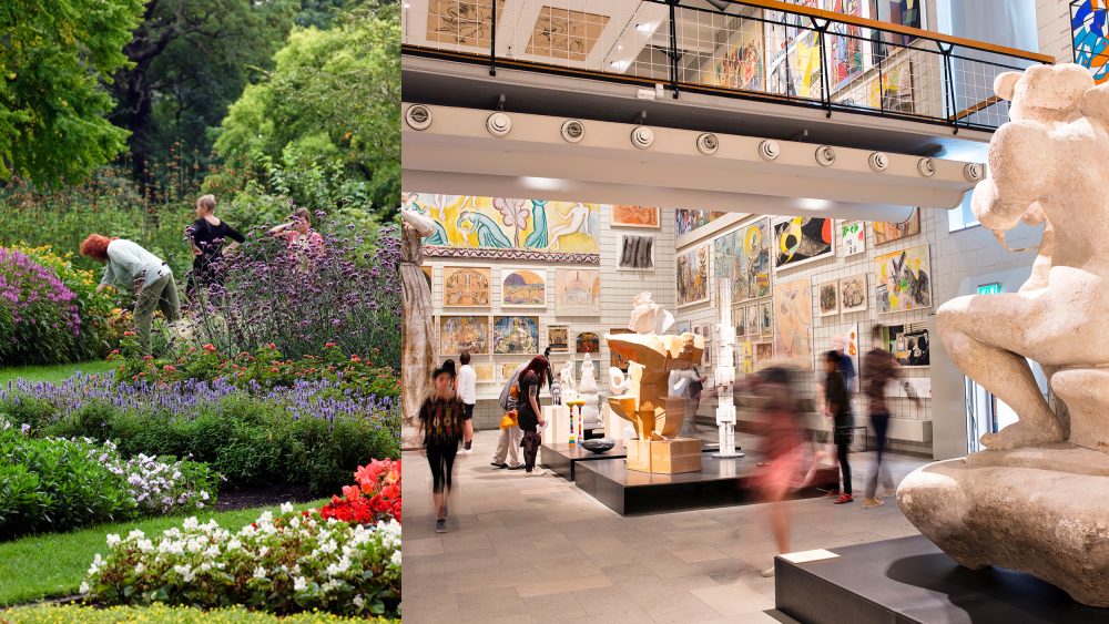 Sammansatt bild med Botaniska trädgården till vänster och Skissernas museum till höger.